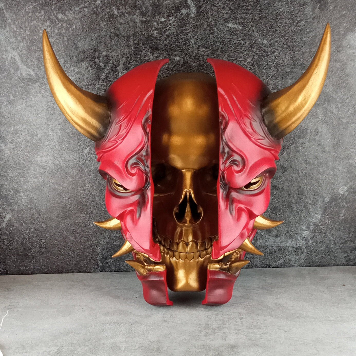 3D Wall Art | Octagonal Frame Hannya Mask Cracked in Half | Red Japanese Demon Mask with Gold Horns, Fangs & Skull Inside | Oni Home Decor