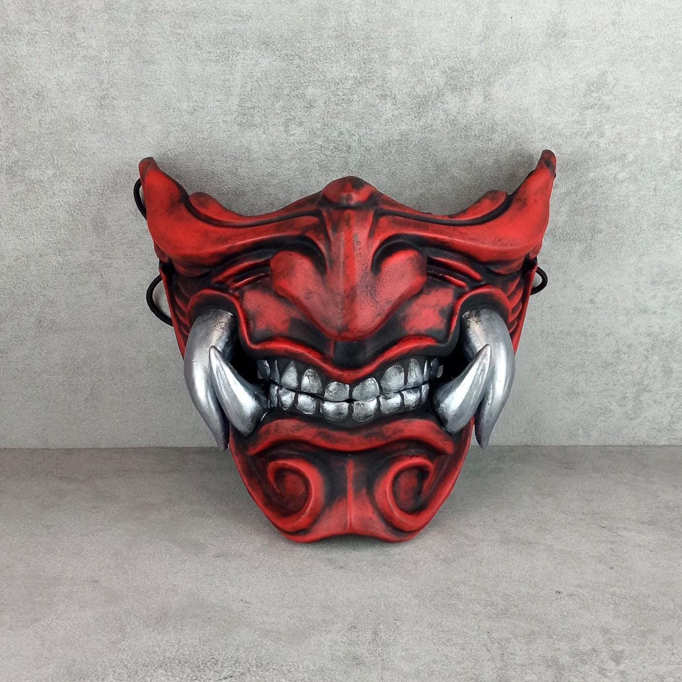 Traditional Red Samurai Half Mask with Silver Fangs