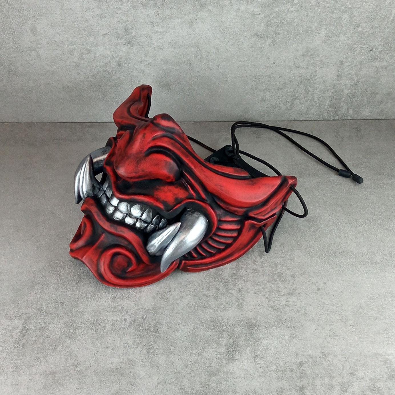 Traditional Red Samurai Half Mask with Silver Fangs