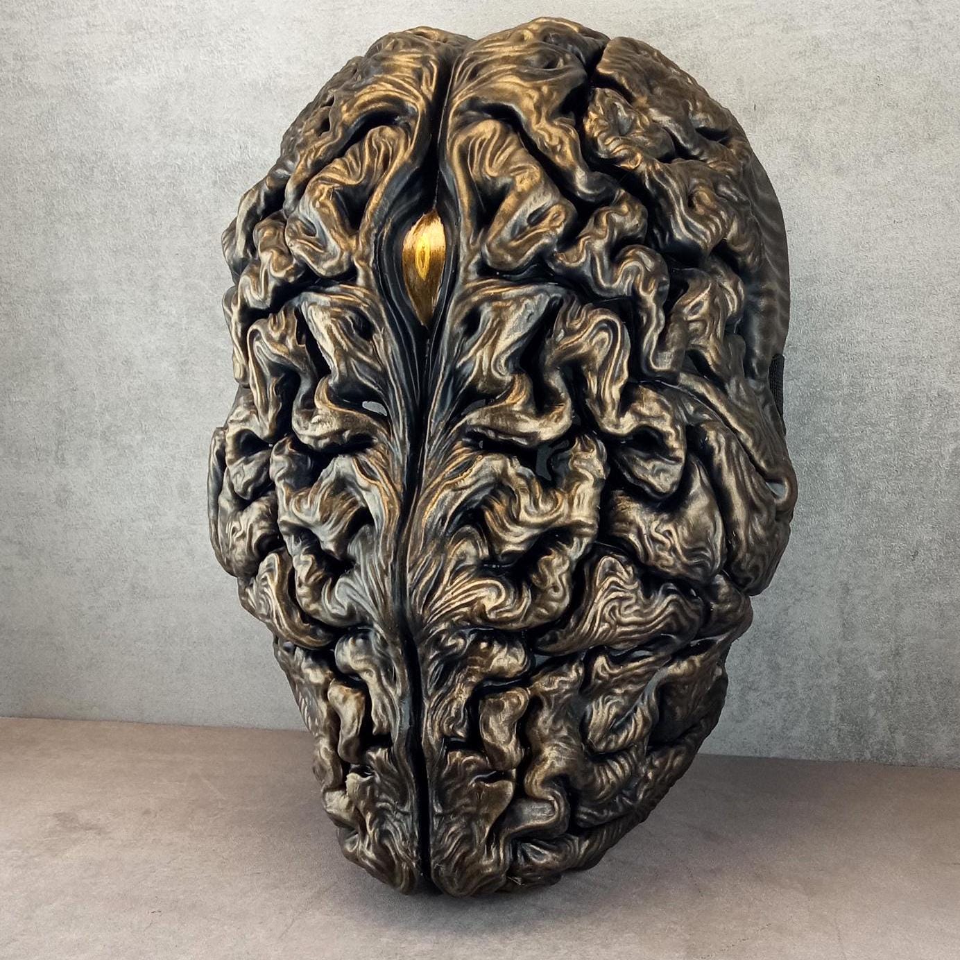Bronze Brain Mask with Golden Eye – Surreal Anatomical Art Mask for Cosplay & Decor