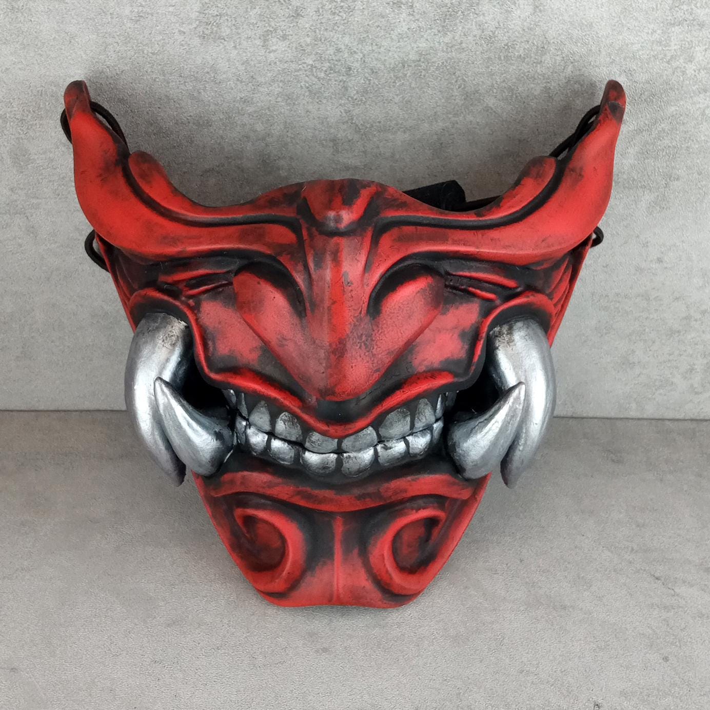 Traditional Red Samurai Half Mask with Silver Fangs