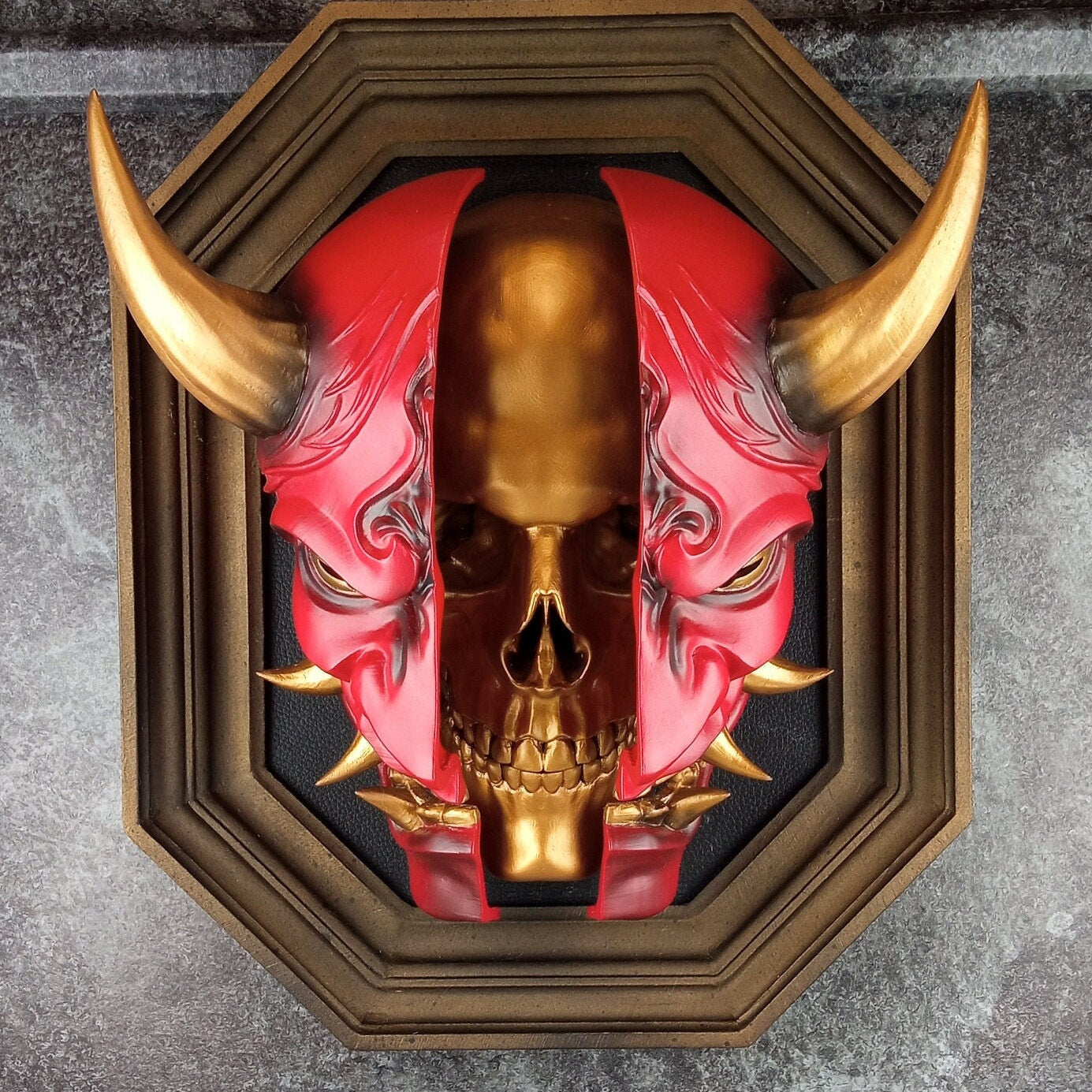 3D Wall Art | Octagonal Frame Hannya Mask Cracked in Half | Red Japanese Demon Mask with Gold Horns, Fangs & Skull Inside | Oni Home Decor
