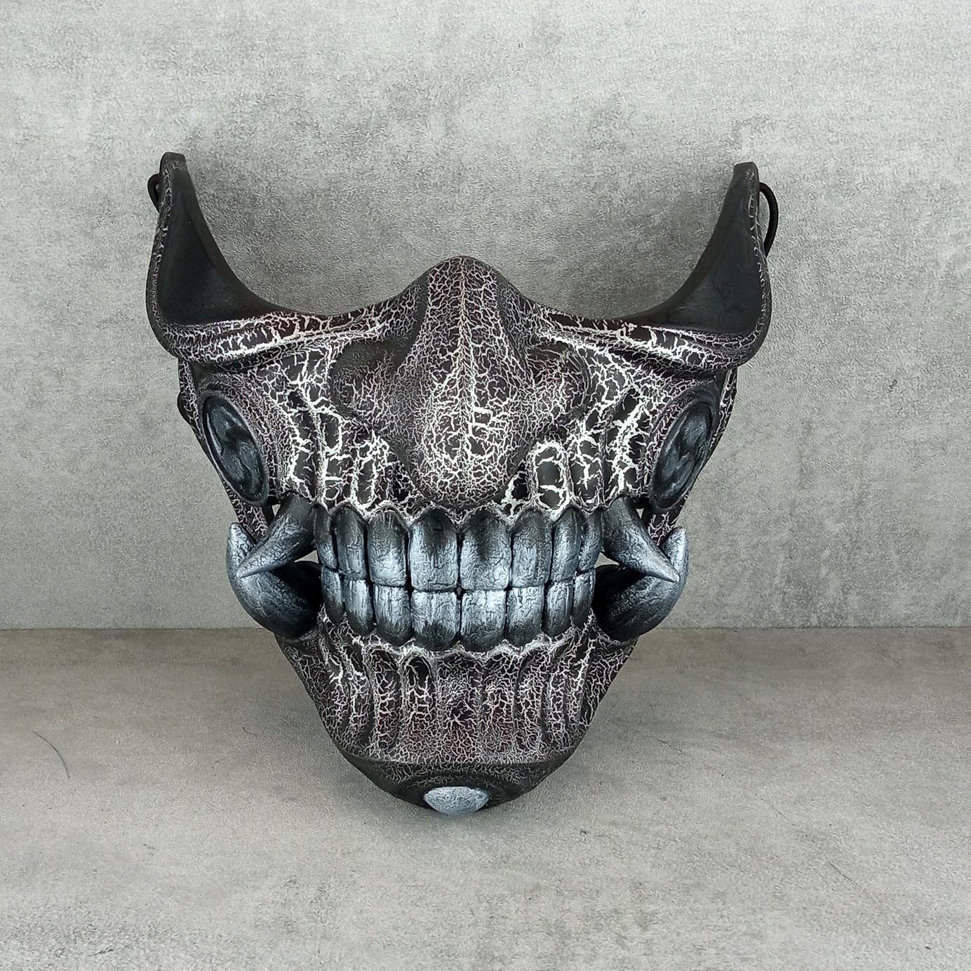 Silver-Black Samurai Half Mask with Cracks and Silver Fangs