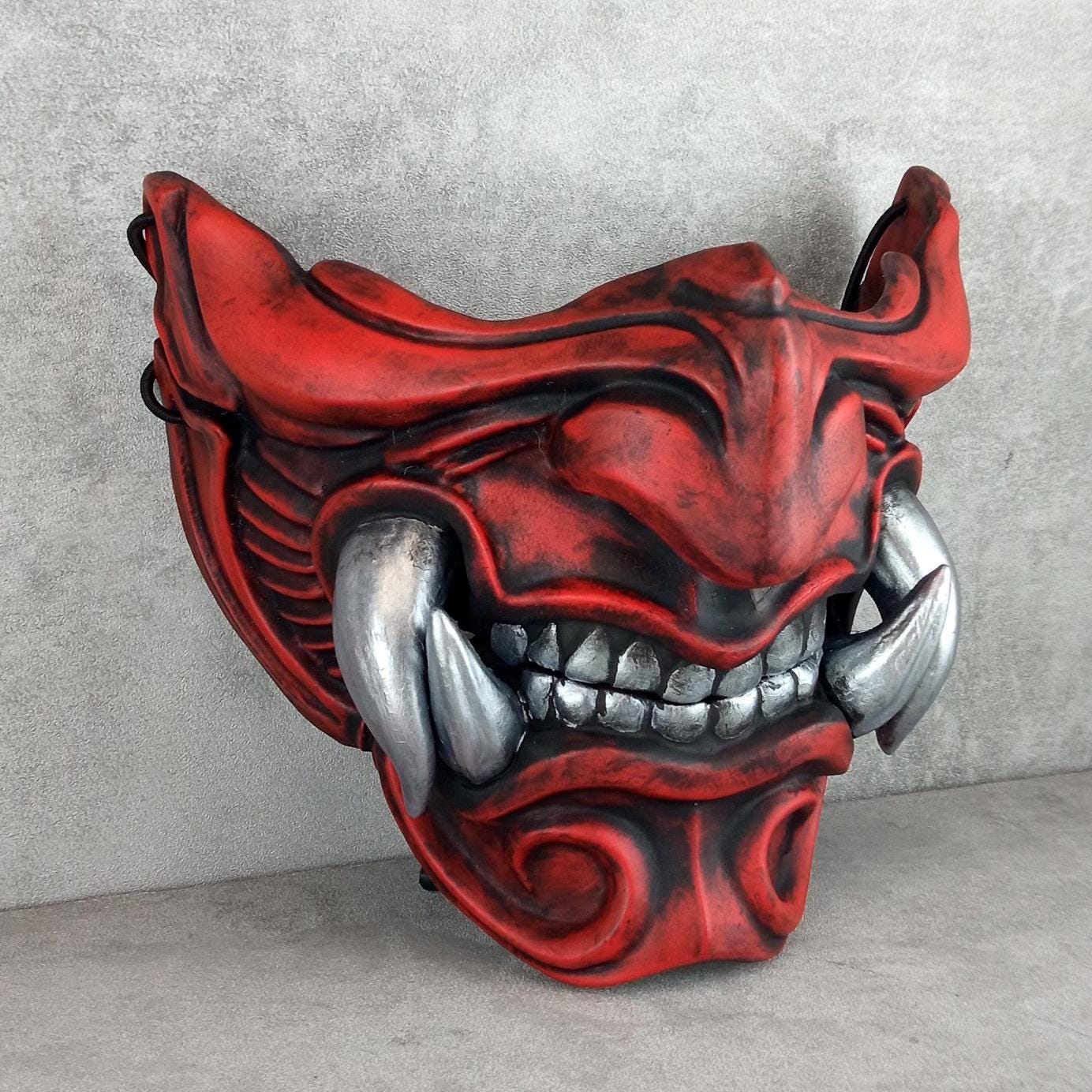 Traditional Red Samurai Half Mask with Silver Fangs