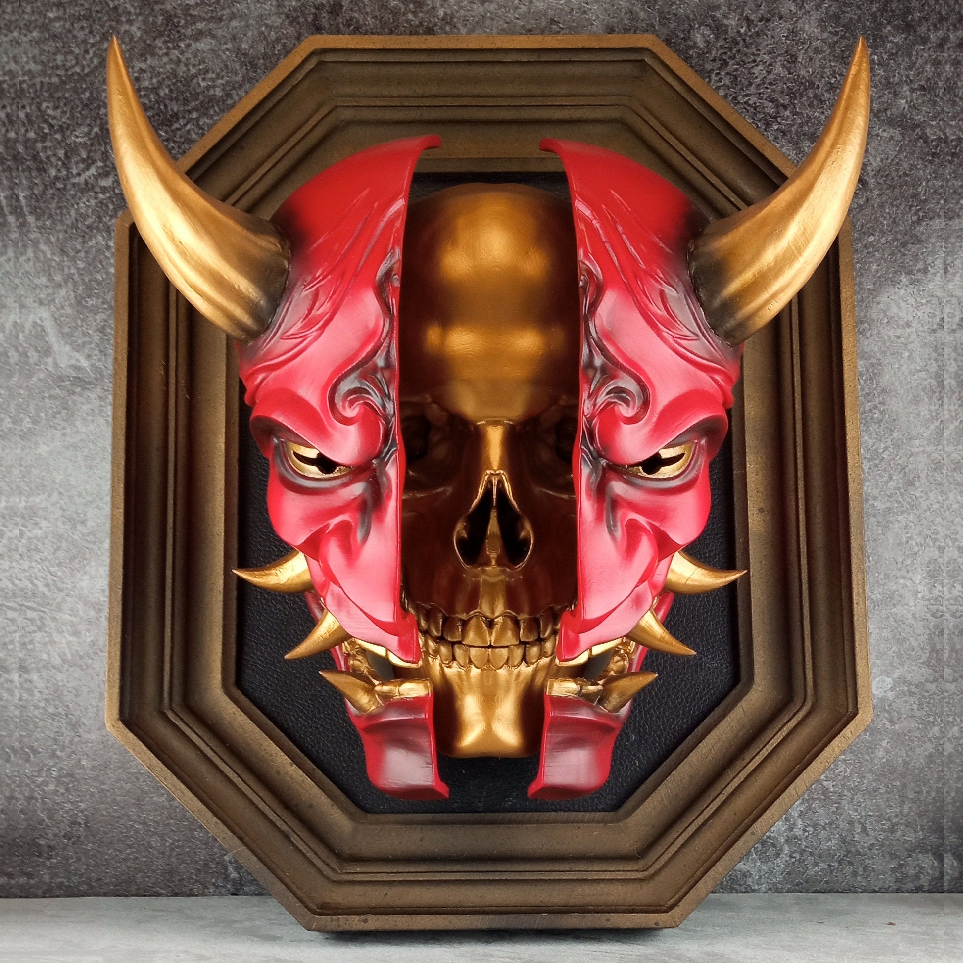 3D Wall Art | Octagonal Frame Hannya Mask Cracked in Half | Red Japanese Demon Mask with Gold Horns, Fangs & Skull Inside | Oni Home Decor
