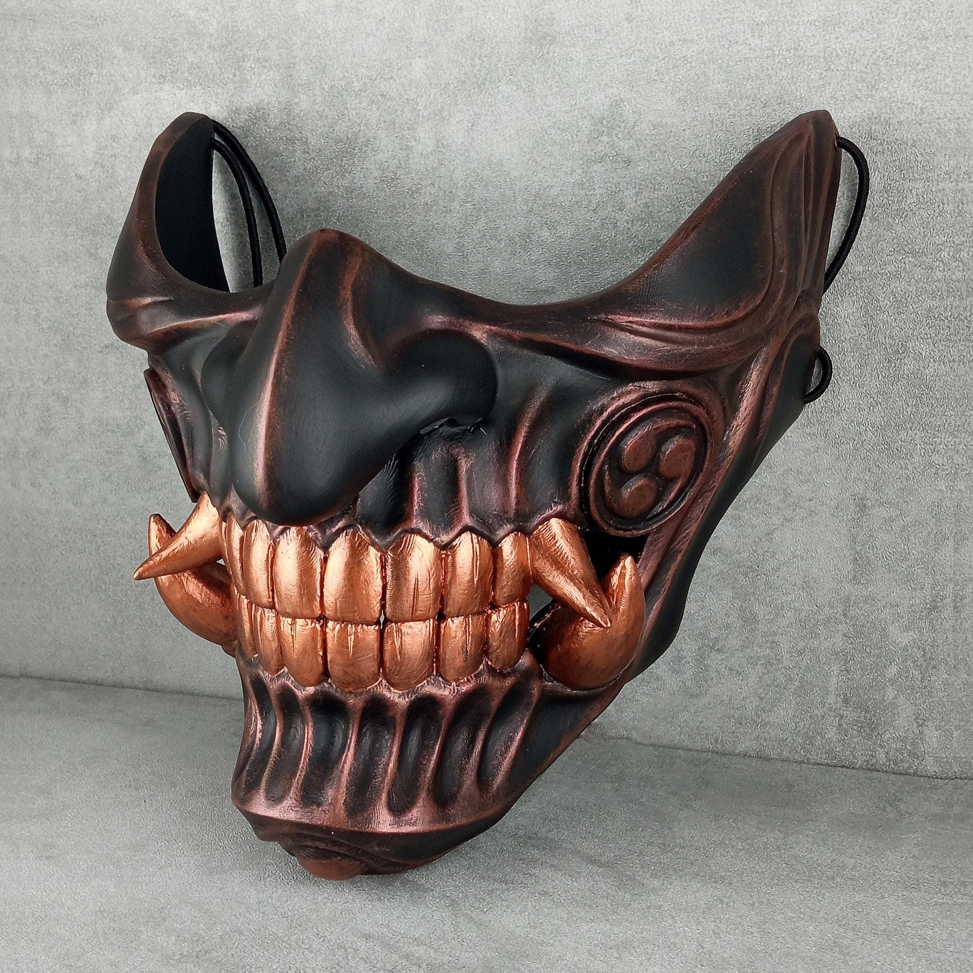 Samurai Half Mask – Black with Copper Accents and Bright Copper Fangs
