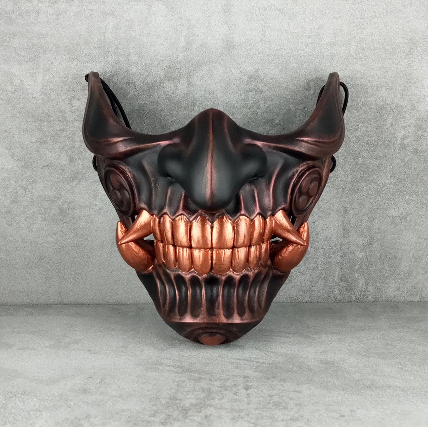 Samurai Half Mask – Black with Copper Accents and Bright Copper Fangs