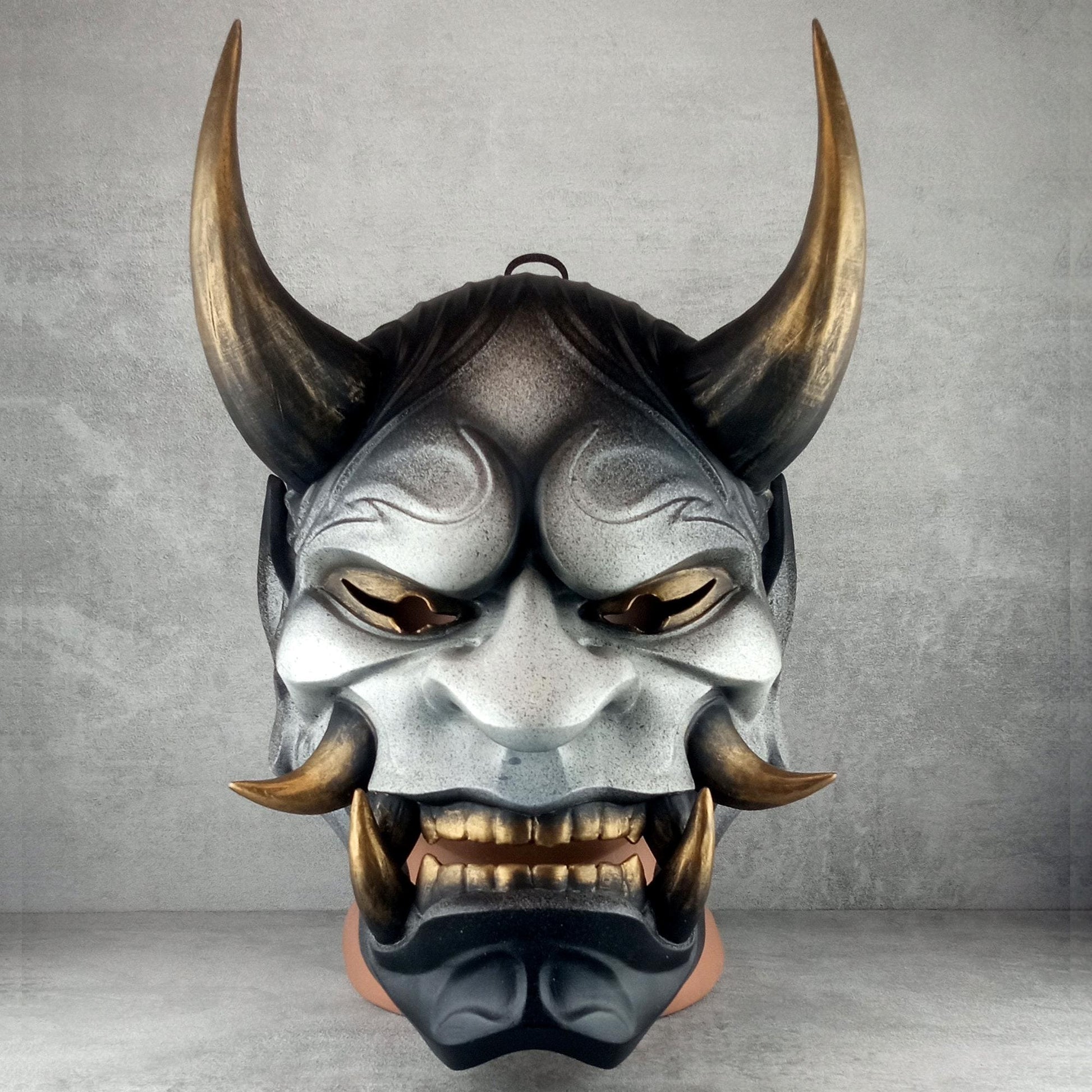 Traditionelle japanische Hannya-Maske, graue und schwarze Samurai-Maske, tragbare Maske, Kabuki-Dämonenmaske, Oni-Maske, Wanddekoration Oni-Maske mit Seil