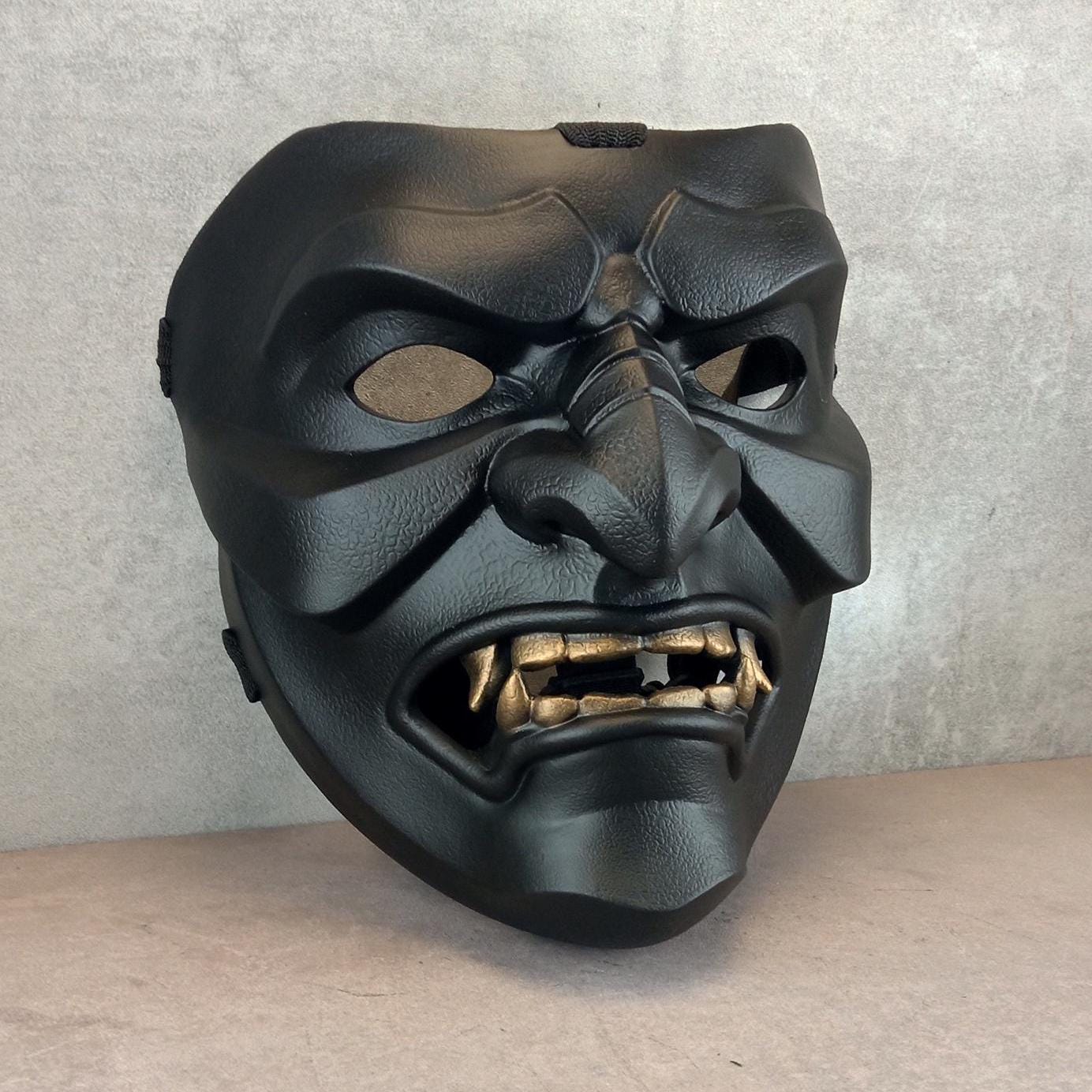 Black Samurai Somen Mask with Bronze Fangs – Handmade Warrior Face Armor