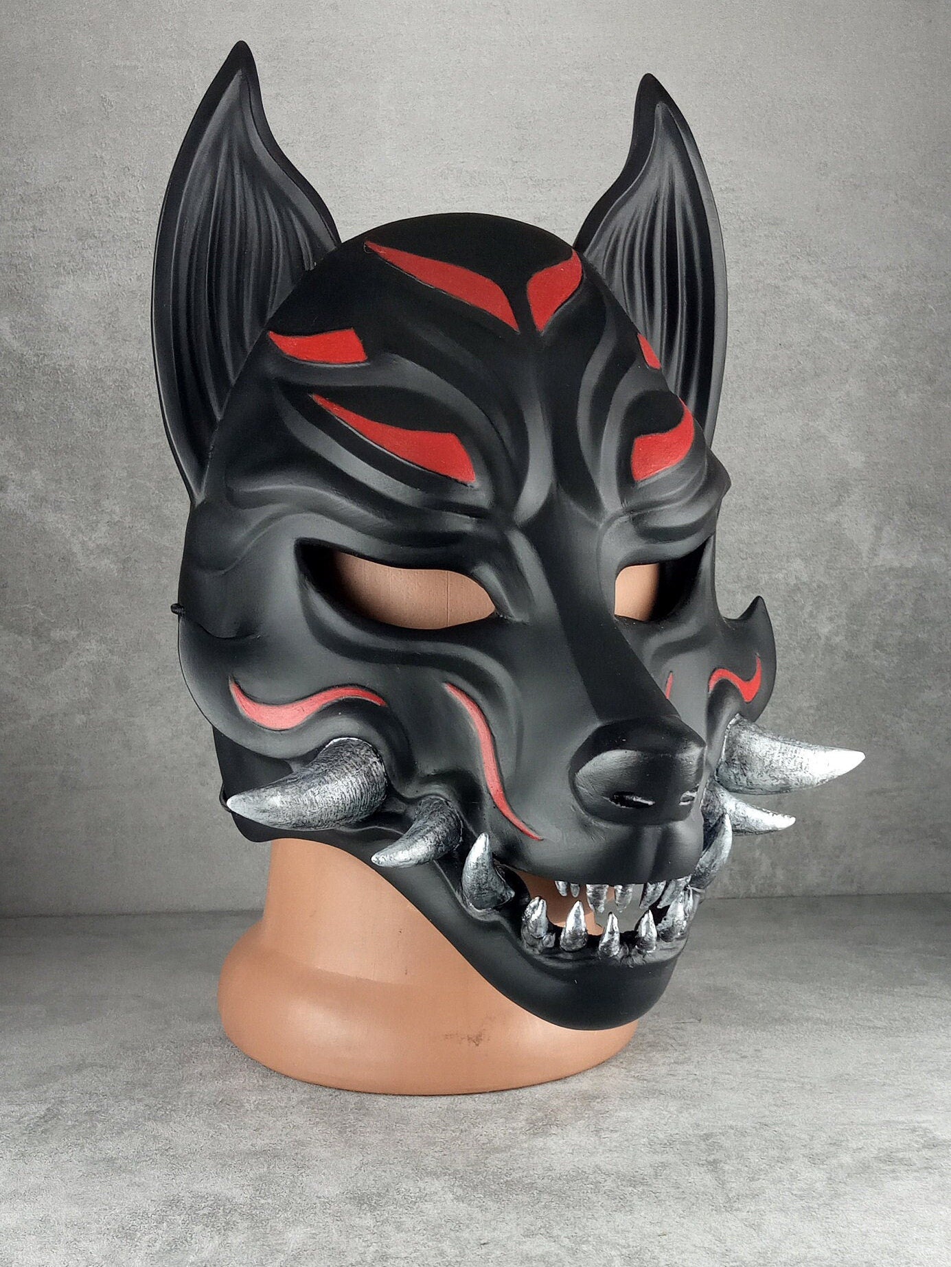 Traditional Japanese Kitsune (Okami) Wearable Mask – Black with Red Design