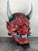 Maskenriss, Traditionelle japanische Hannya-Maske, rote und schwarze Samurai-Maske, tragbare Maske, Dämonenmaske, Oni-Maske, Wanddekoration, Oni-Maske mit Seil