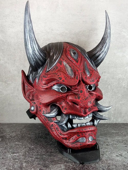 Maskenriss, Traditionelle japanische Hannya-Maske, rote und schwarze Samurai-Maske, tragbare Maske, Dämonenmaske, Oni-Maske, Wanddekoration, Oni-Maske mit Seil
