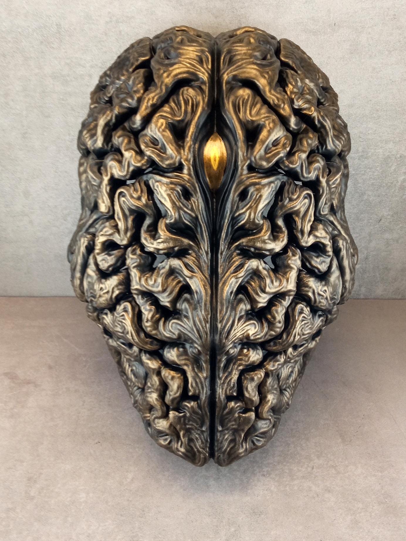 Bronze Brain Mask with Golden Eye – Surreal Anatomical Art Mask for Cosplay & Decor