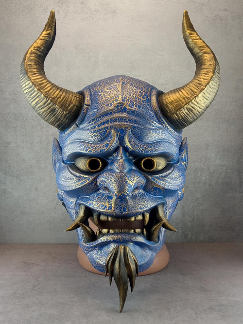 Hannya Mask "River Demon" – Blue with Gold Cracks, Curved Horns & Beard