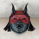 Red and Black Cracked Geisha Witch Mask with Shiny Black Horns