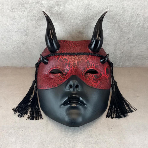 Red and Black Cracked Geisha Witch Mask with Shiny Black Horns