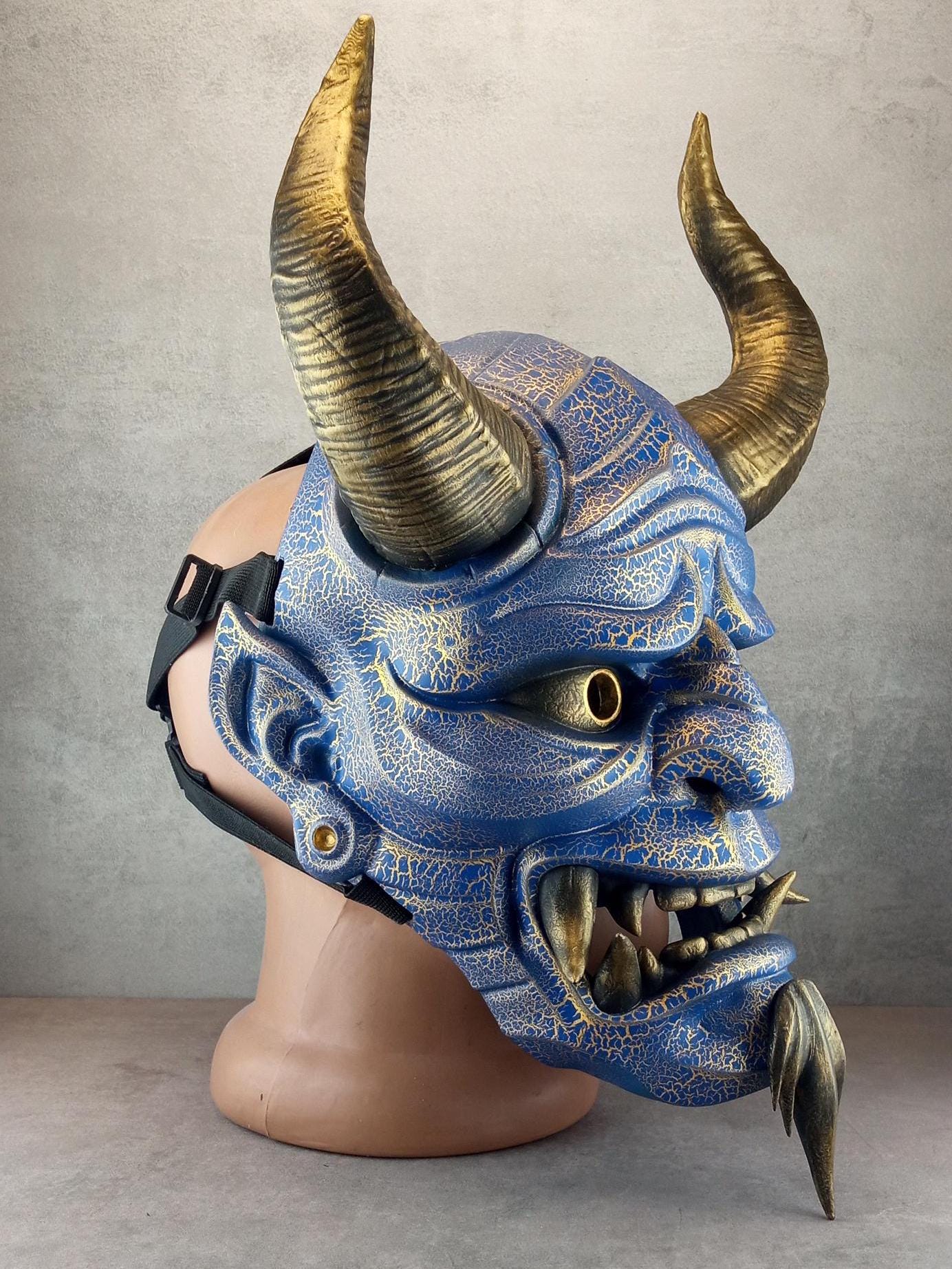 Hannya Mask "River Demon" – Blue with Gold Cracks, Curved Horns & Beard