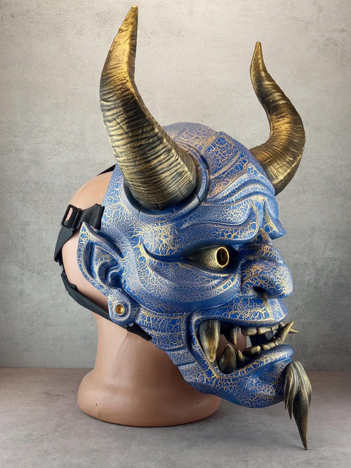 Hannya Mask "River Demon" – Blue with Gold Cracks, Curved Horns & Beard