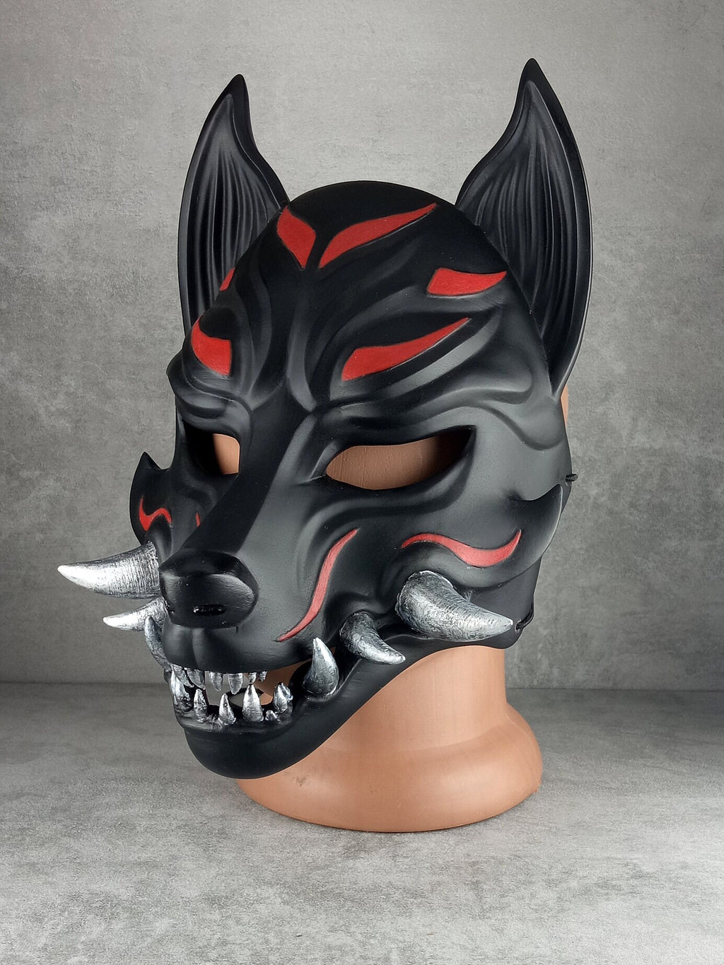 Traditional Japanese Kitsune (Okami) Wearable Mask – Black with Red Design