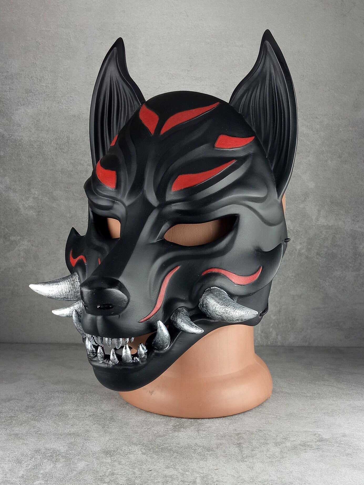 Traditional Japanese Kitsune (Okami) Wearable Mask – Black with Red Design