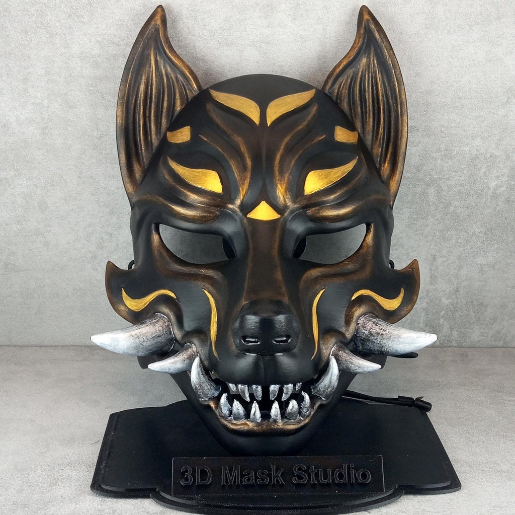 Schwarz mit goldener Okami-Maske, Kitsune-Maske, traditionelle japanische Maske, Youkai-Maske, Wolfsmaske