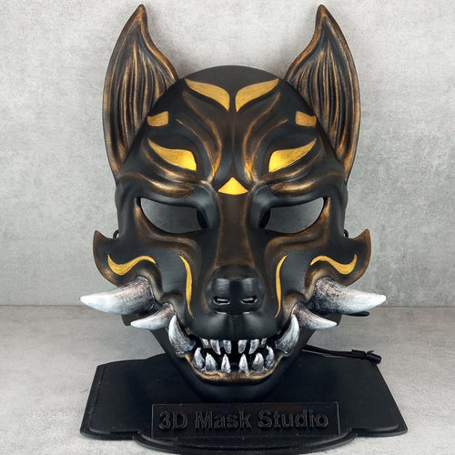 Traditional Japanese Kitsune (Okami) Wearable Mask – Black with Gold Design