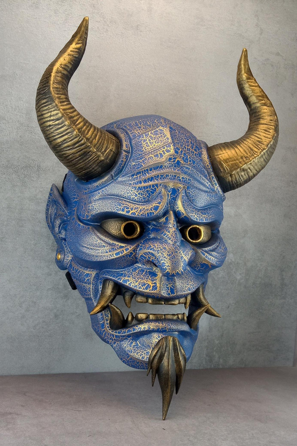 Hannya Mask "River Demon" – Blue with Gold Cracks, Curved Horns & Beard