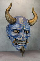 Hannya Mask "River Demon" – Blue with Gold Cracks, Curved Horns & Beard