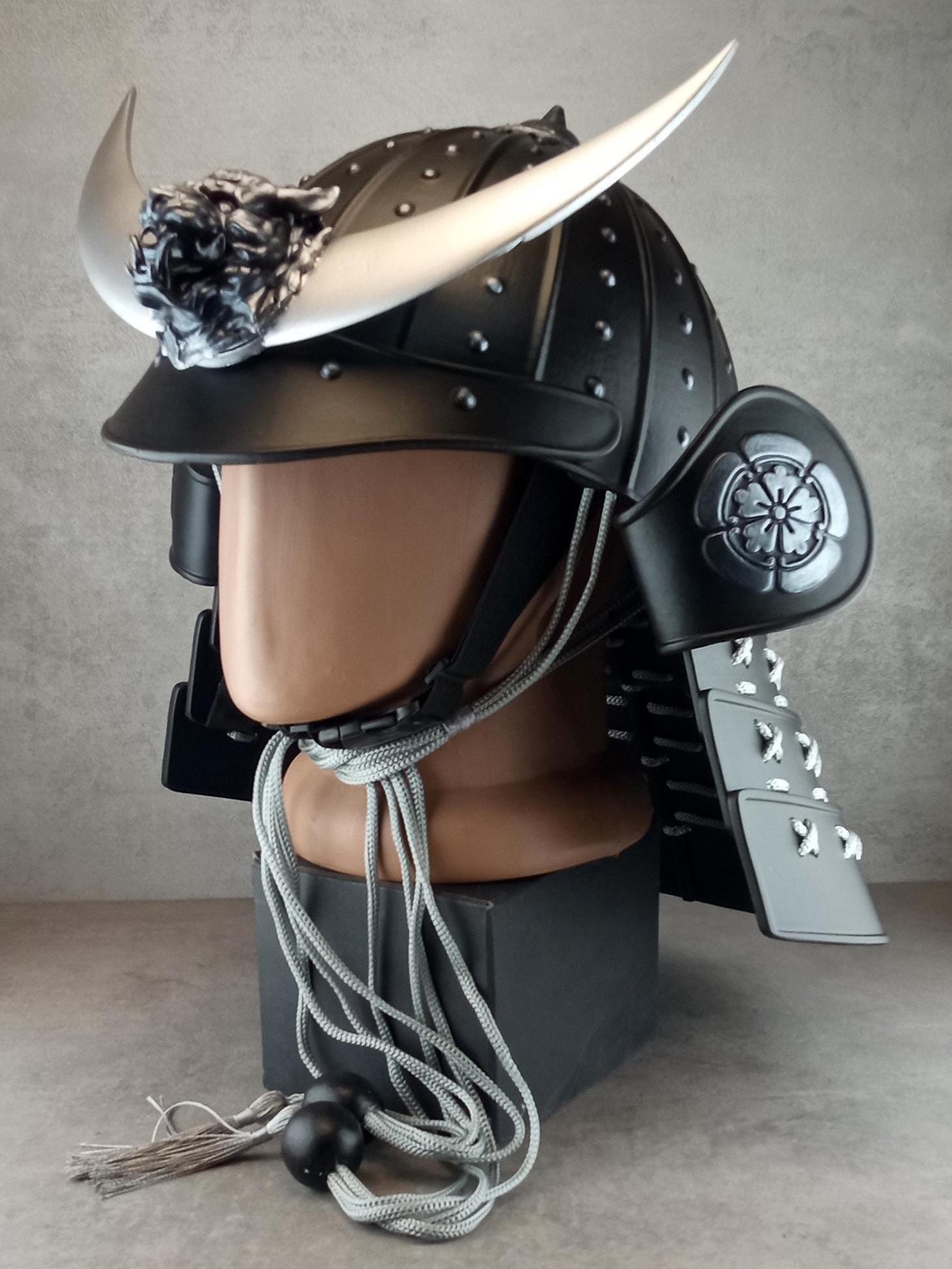Samurai Kabuto Helmet – Black with Silver Crescent and Oni Tiger Crest | With Half-Mask or Full Somen