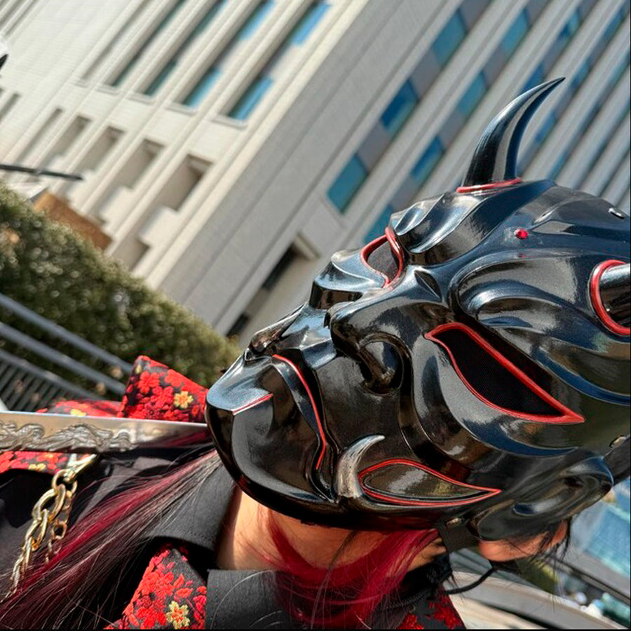 Samurai-Kampfmaske, Schwarze Maske des Samurai Somen, Traditionelle japanische Maske, Tragbare Maske, Samurai-Rüstung, Kabuki-Dämonenmaske, Wanddekoration