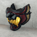 Black and Red Samurai Half Mask with Cracks and 8 Golden Fangs – Wearable Cosplay &amp; Festival Accessory