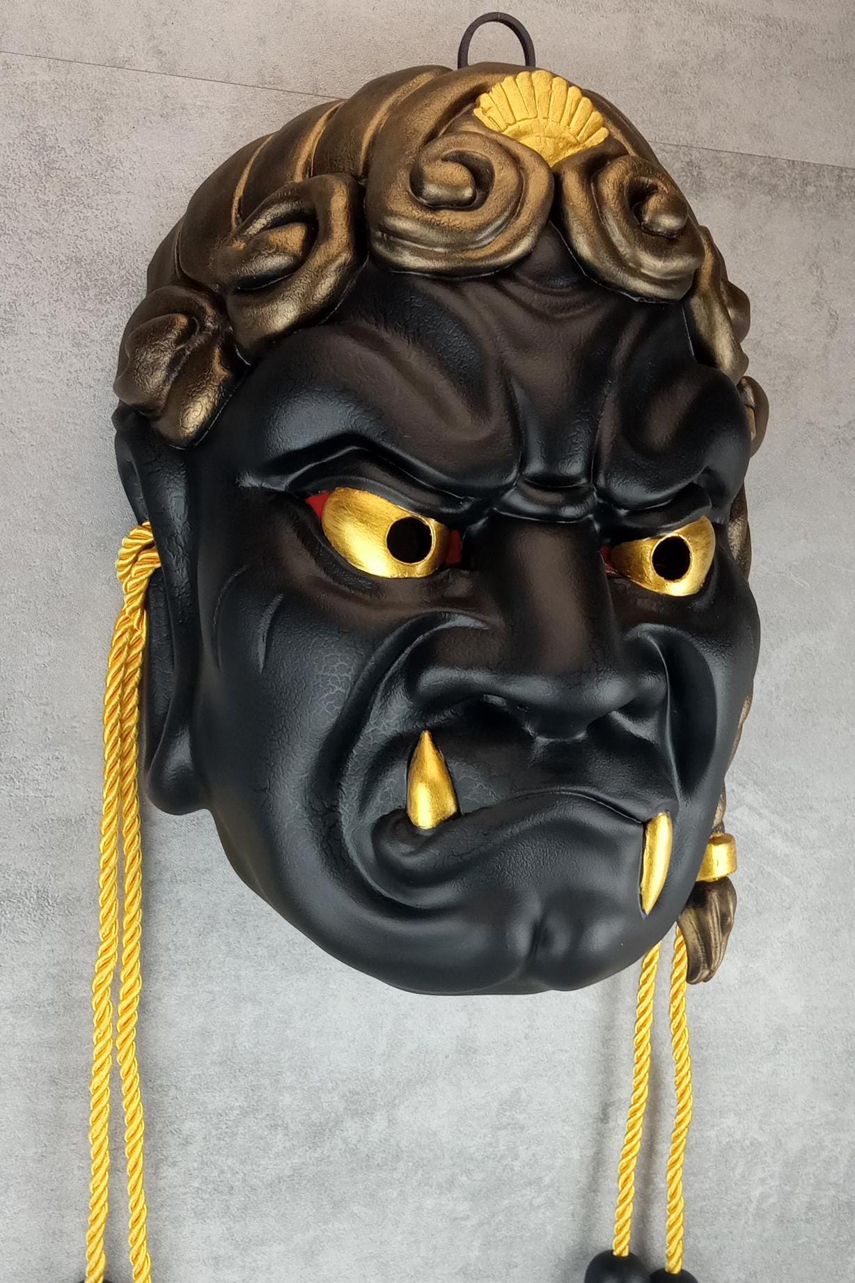 Wearable Traditional Japanese Fudo Demon Mask – Black with Gold Fangs