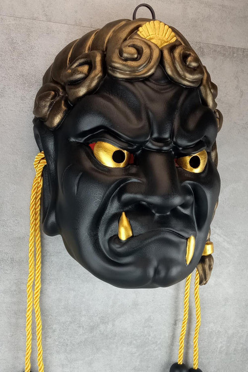 Wearable Traditional Japanese Fudo Demon Mask – Black with Gold Fangs