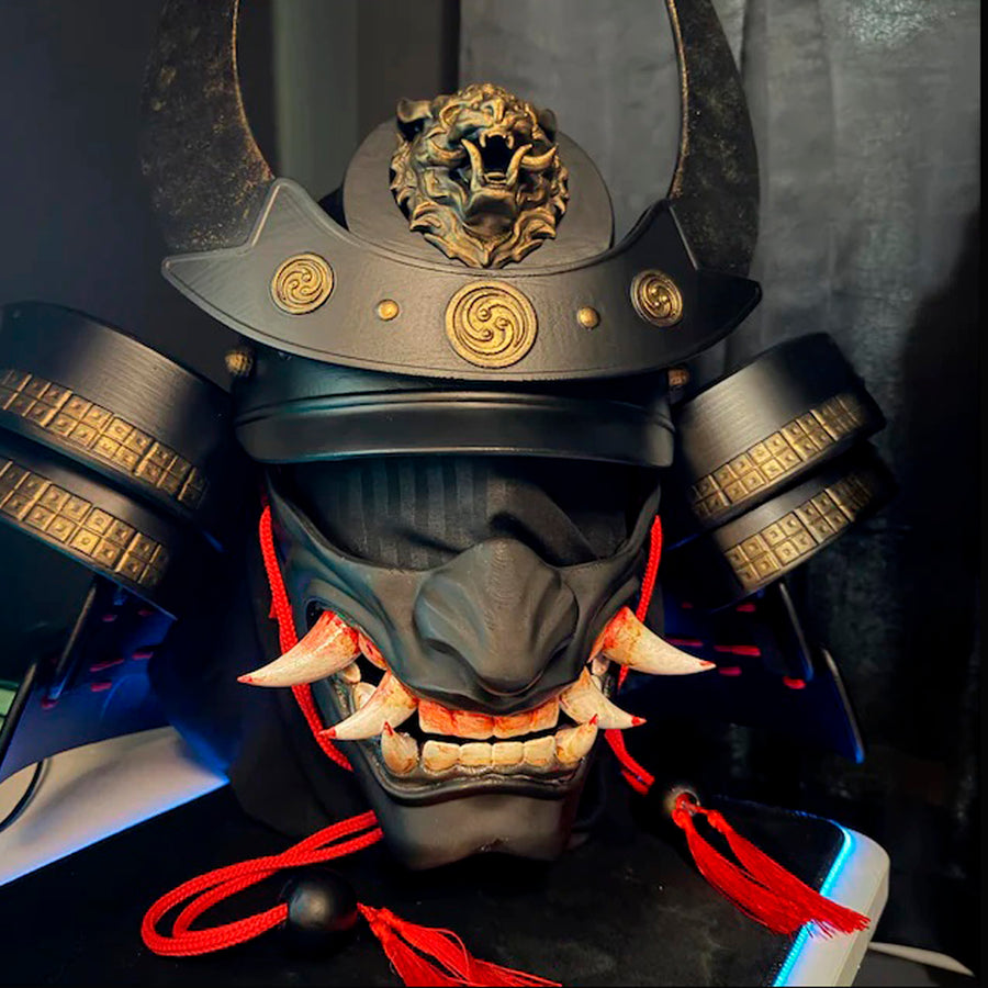 3D Samurai Skull Wall Art – Black Octagonal Frame with Red Splashes – Kabuto Helmet with Crescent Moon & Bronze Oni Tiger Head"