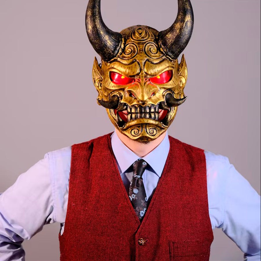 Japanische Oni-Maske mit Lichtern tragbar, Goldene Maske Hannya, Maske mit Samurai-Tanto-Dolch, Dämonenmaske, Wanddekoration, Oni-Maske mit Seil