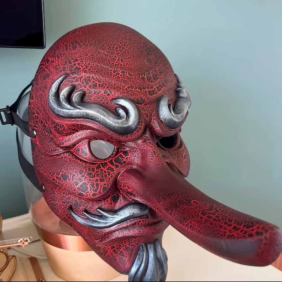Rote Cracked Tengu-Maske (Vollgesicht)