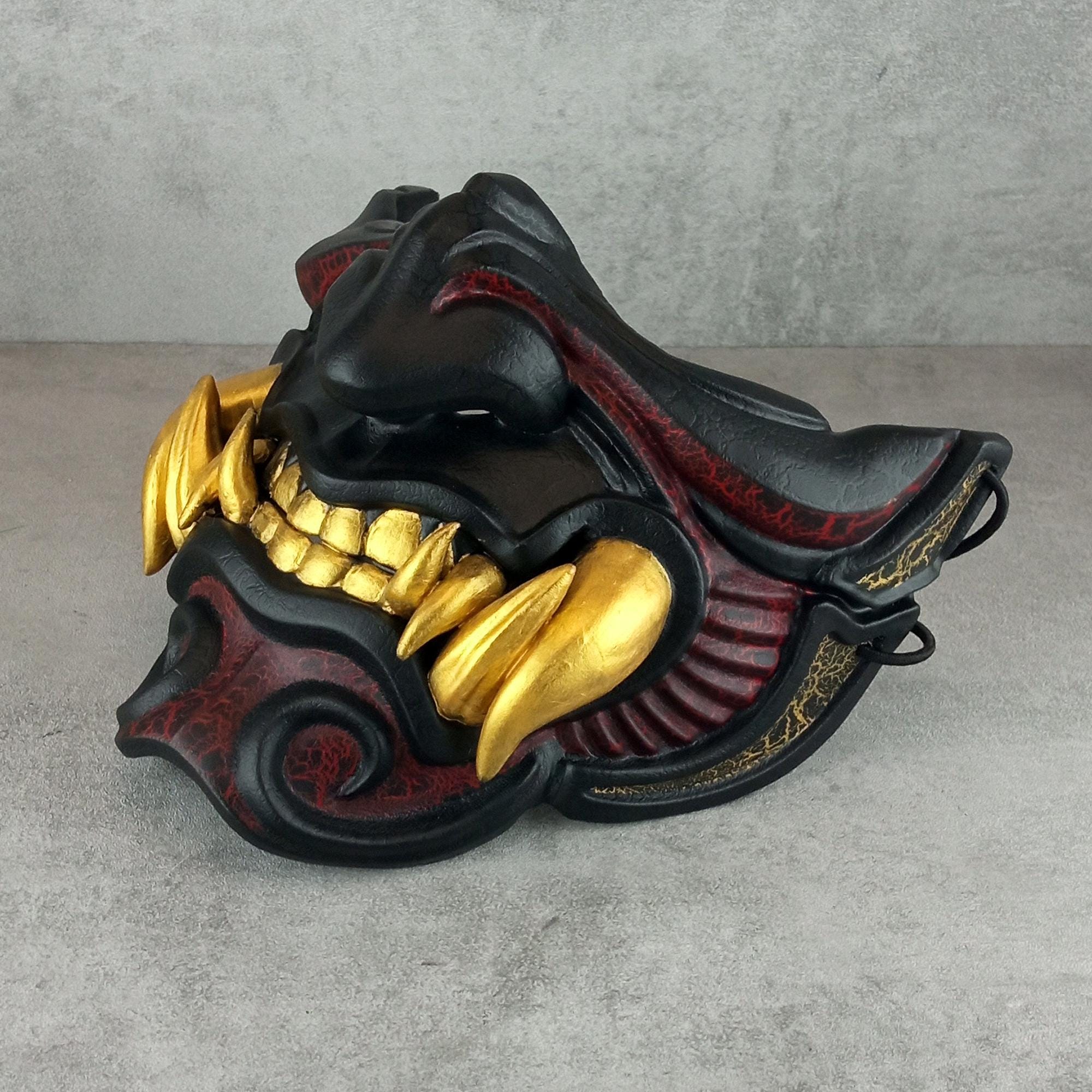 Black and Red Samurai Half Mask with Cracks and 8 Golden Fangs – Wearable Cosplay &amp; Festival Accessory