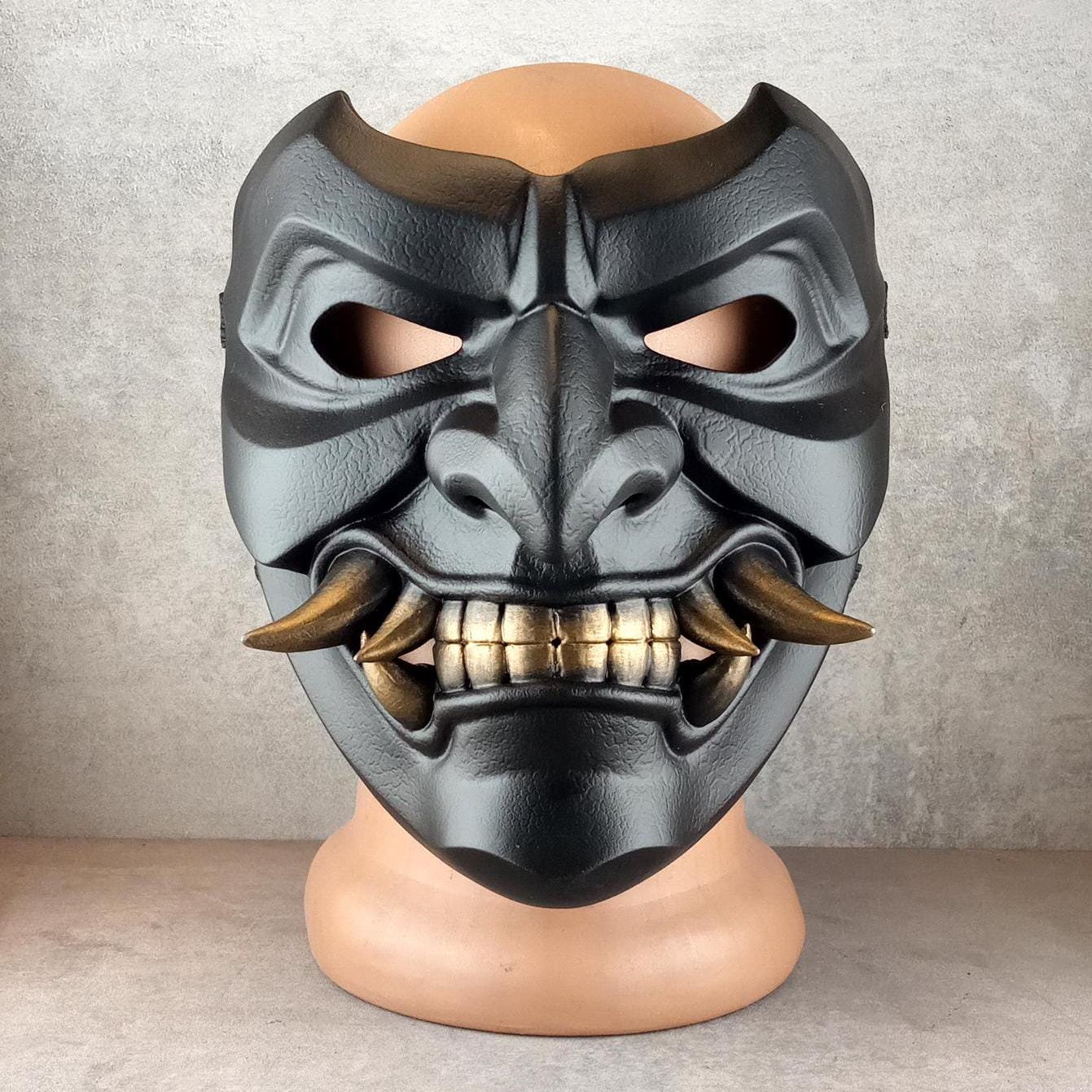 Black Samurai Somen Mask with Bronze Fangs – Japanese Warrior Armor Mask