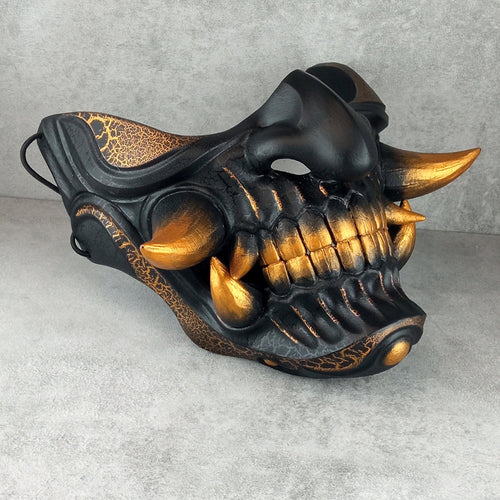 Wearable Samurai Half Mask – Black &amp; Gold with Cracks and Large Golden Fangs