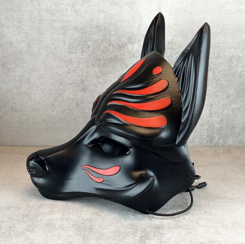 Schwarze Okami-Maske, Schwarze Kitsune-Maske, Traditionelle japanische Maske, Youkai-Maske, Wolfsmaske, Fuchsmaske