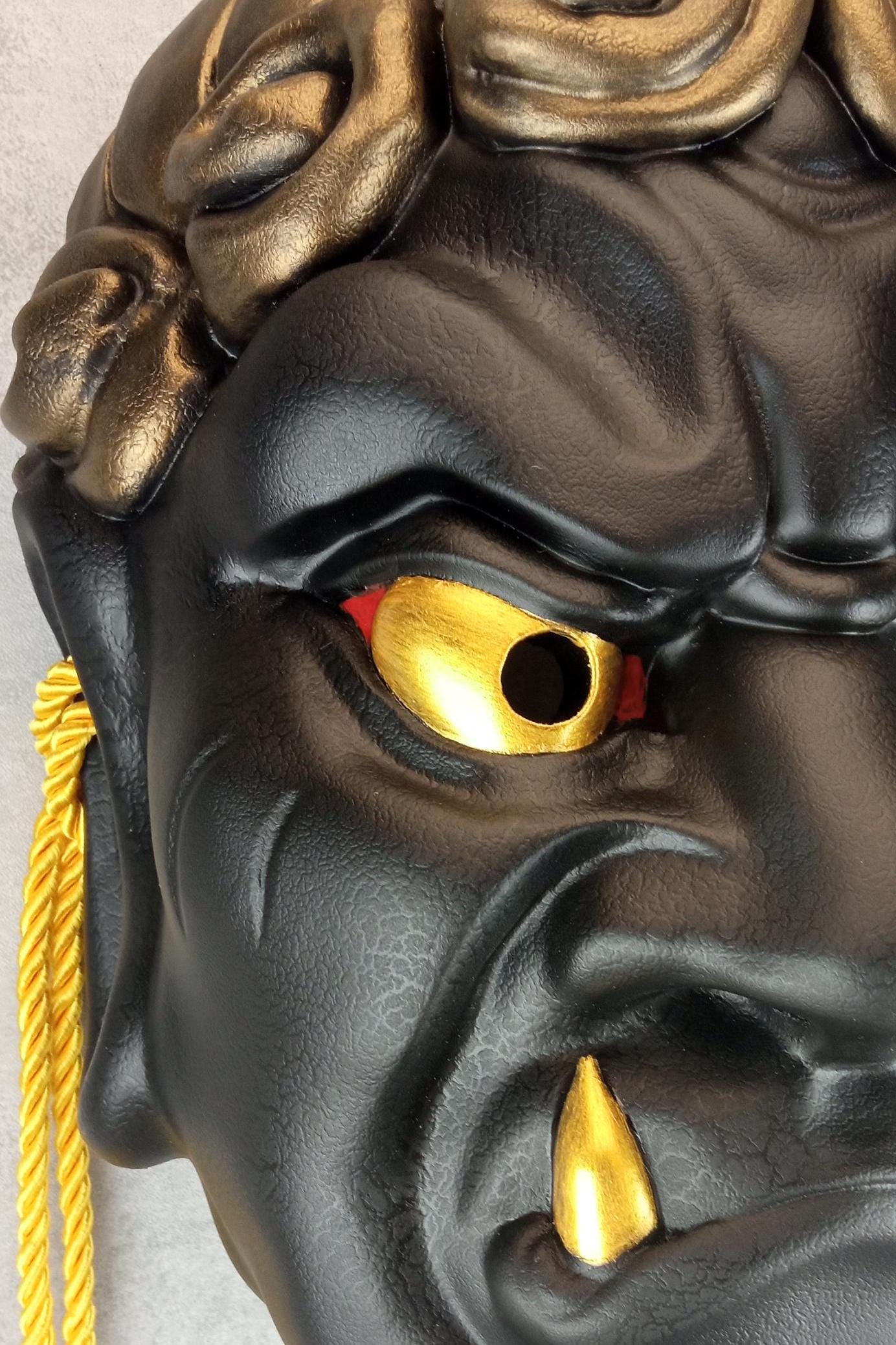 Wearable Traditional Japanese Fudo Demon Mask – Black with Gold Fangs