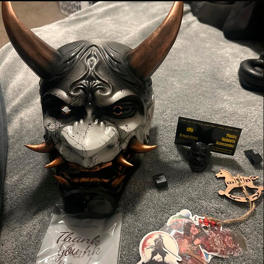 Traditionelle japanische Hannya-Maske, graue und schwarze Samurai-Maske, tragbare Maske, Kabuki-Dämonenmaske, Oni-Maske, Wanddekoration Oni-Maske mit Seil