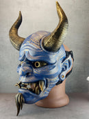 Hannya Mask "River Demon" – Blue with Gold Cracks, Curved Horns & Beard