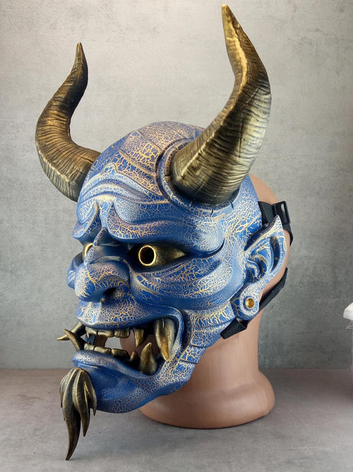 Hannya Mask "River Demon" – Blue with Gold Cracks, Curved Horns & Beard