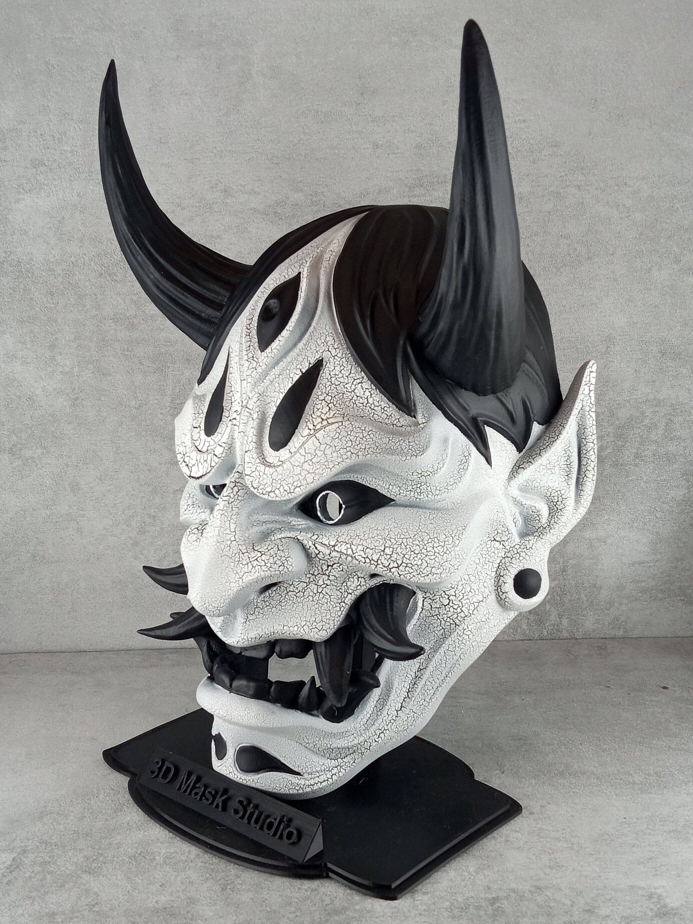 Traditional Hannya Mask - Black and White with Cracked Pattern, Black Hair, Horns and Fangs