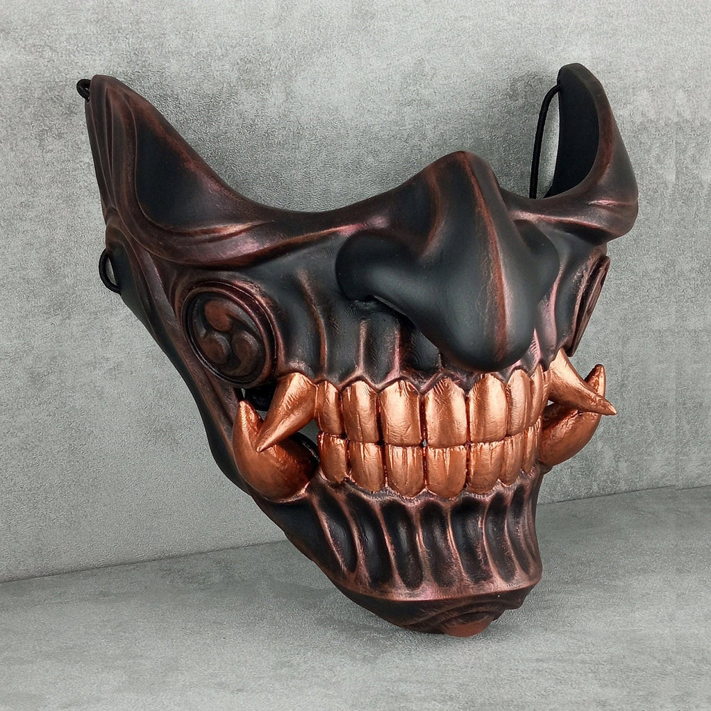 Samurai Half Mask – Black with Copper Accents and Bright Copper Fangs