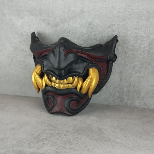Black and Red Samurai Half Mask with Cracks and 8 Golden Fangs – Wearable Cosplay &amp; Festival Accessory