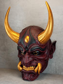Traditional Japanese Hannya Mask – Cherry Red with Cracks, Large Golden Horns, Fangs & Eyes 