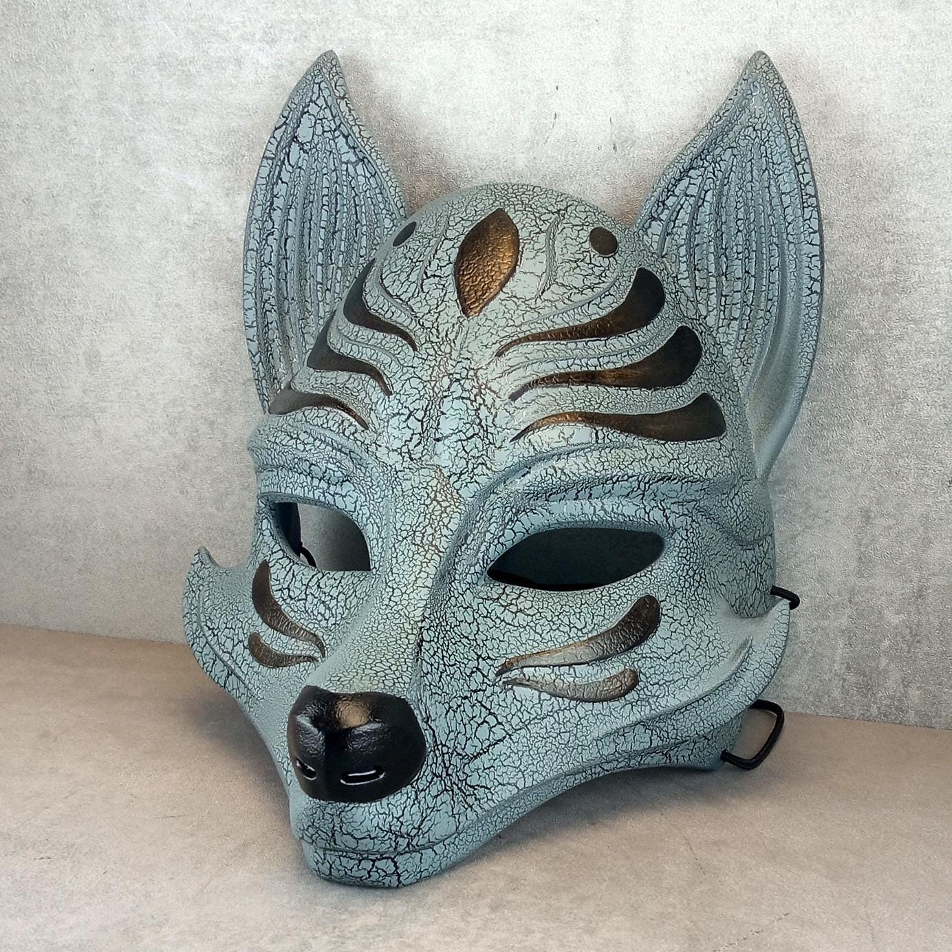 Gray Kitsune Half Mask with Black Cracks and Decorative Elements – Japanese Fox Spirit (Ōkami) Cosplay Mask