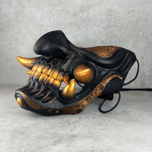 Wearable Samurai Half Mask – Black &amp; Gold with Cracks and Large Golden Fangs